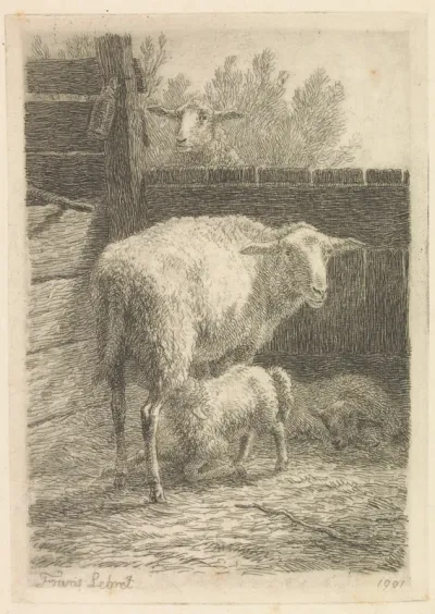 Schaap zoogt lam in een stal