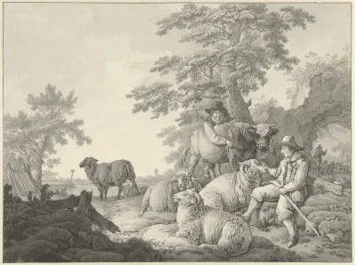 Schaapherder met schapen en een jongen met een jonge stier in een landschap