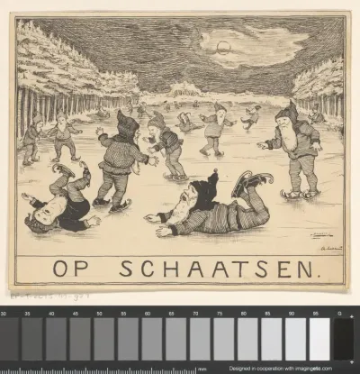 Schaatsende kabouters bij maanlicht