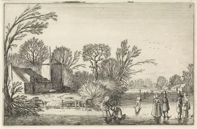Schaatsenrijders bij een boerderij en een hooiberg
