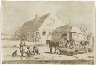 Schaatsenrijders en een slede bij een boerderij