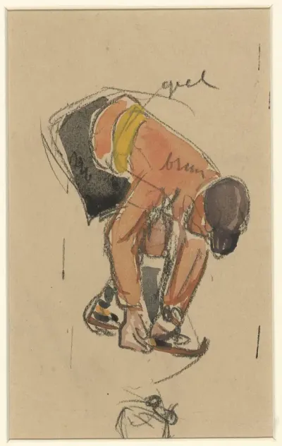 Schaatser die zijn schaatsen onderbindt