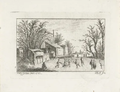Schaatsers bij een boerderij