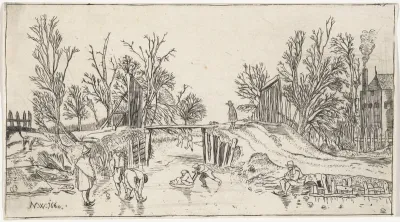 Schaatsers bij een houten brug