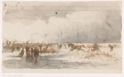Schaatsers en arrenslee op het ijs