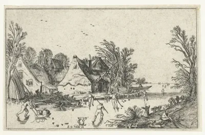 Schaatsers en kolfspelers bij boerderijen