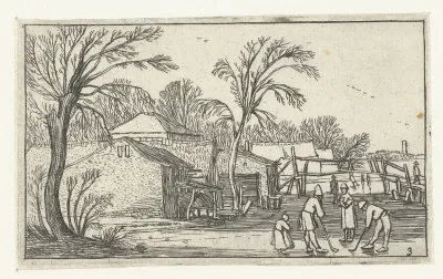 Schaatsers en kolfspelers op het ijs voor boerderijen
