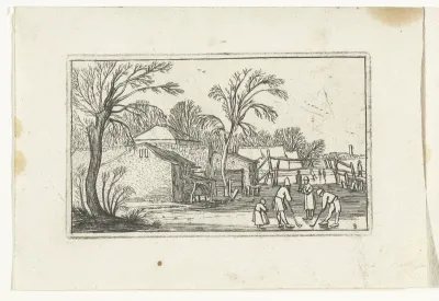 Schaatsers en kolfspelers op het ijs voor boerderijen