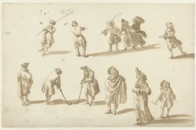 Schaatsers, kolfspelers en een heer en dame, gevolgd door een jongetje