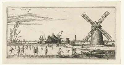 Schaatsers op het ijs bij een molen in de buurt van Penningsveer