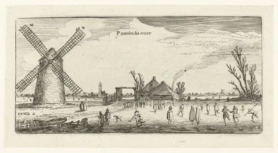 Schaatsers op het ijs bij een molen in de buurt van Penningsveer