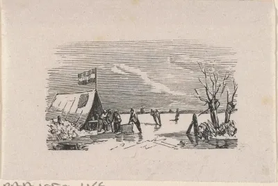 Schaatsers rustend bij een tent op het ijs