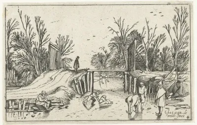Schaatsers voor een houten brug