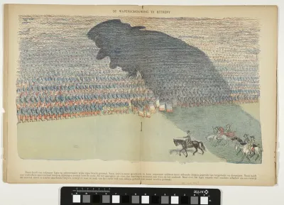 Schaduw van Paul Kruger hangt over het Franse leger tijdens de wapenschouw te Bétheny, 1901