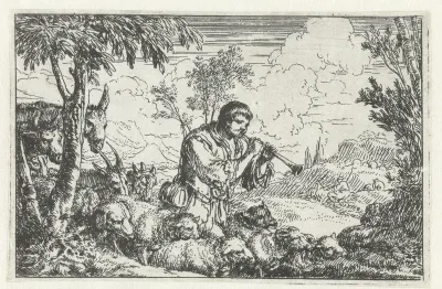 Schalmeispelende herder met kudde