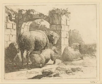 Schapen bij een ruïne met boog