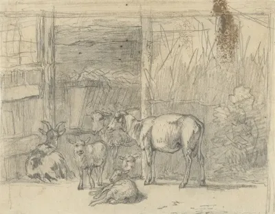 Schapen en een geit voor een stal