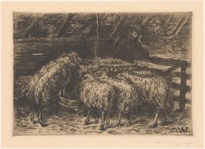 Schapen en een herder in een stal