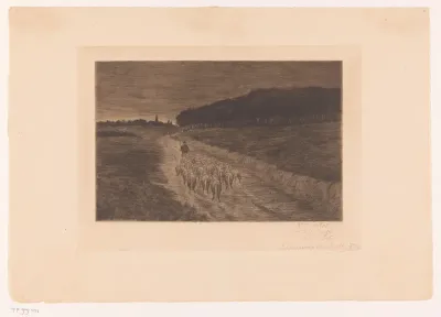 Schapenkudde met herder op een heideweg