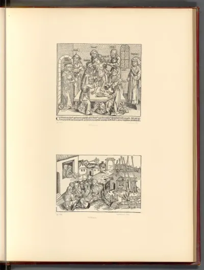 Schedel, Hartmann: Weltchronik, Der angebliche Ritualmord an dem Knaben Simon von Trient; Die Predigt Hans Böhms in Niklashausen im Taubertal (Buchillustration)