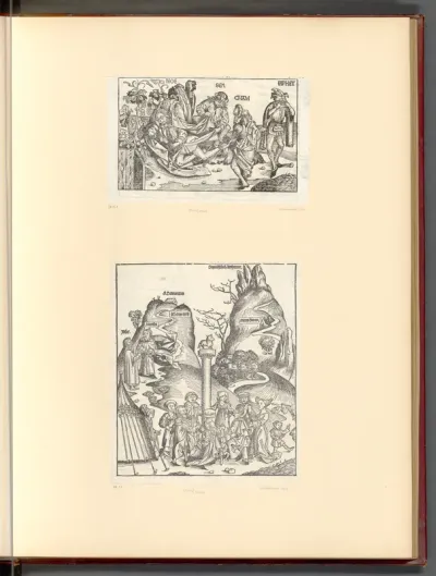 Schedel, Hartmann: Weltchronik, Noah und seine Söhne; Tanz um das goldene Kalb (Buchillustration)