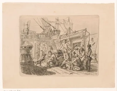 Scheepsbemanning dobbelt op het dek van een schip