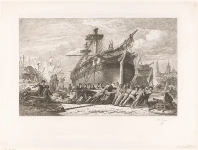 Scheepstimmerwerf met mannen die een molen draaien