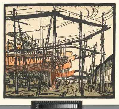 Scheepswerf met havenarbeiders aan het werk