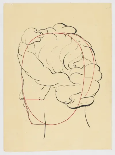 Schematic female head, seen from behind