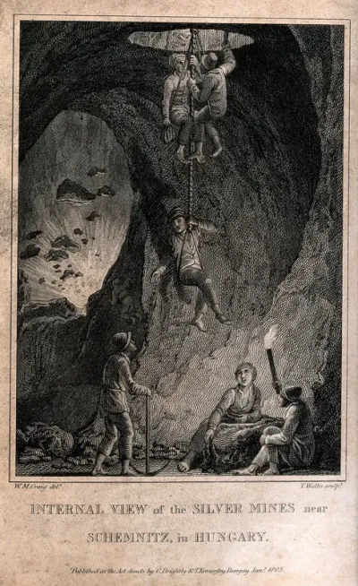 Schemnitz, Hungary (Banská Štiavnica, Slovakia): a silver mine and miners descending