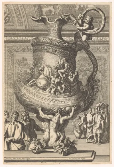 Schenkkan op voet van drie tritons