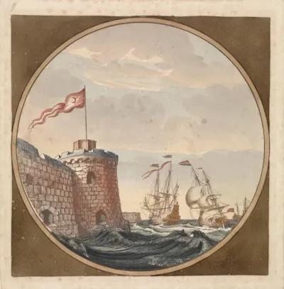 Schepen bij een bastion met Turkse vlag
