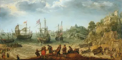 Schepen bij een rotsachtige kust