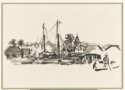 Schepen en dorp aan een rivier bij Colombo