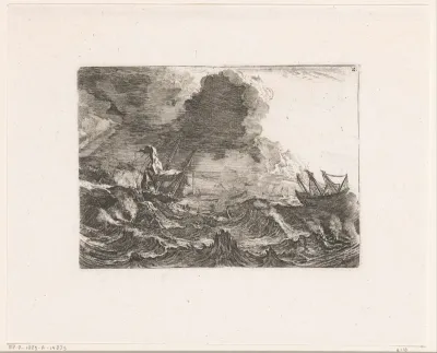 Schepen in een storm op zee, een schip gestrand op de rotsen
