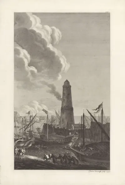 Schepen in haven met een vuurtoren