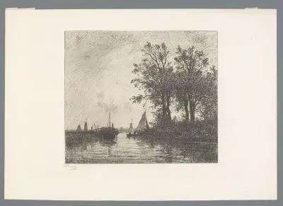 Schepen op de Maas met op de achtergrond een molen