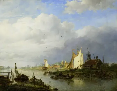 Schepen op een rivier bij een lichtbaken