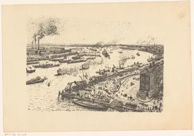 Schepen op een rivier in een stad, mogelijk Rotterdam