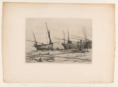 Schepen op het strand bij Étretat