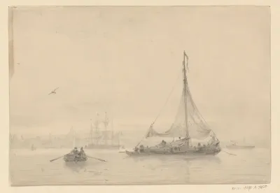 Schepen op het water, in de verte het profiel van een stad