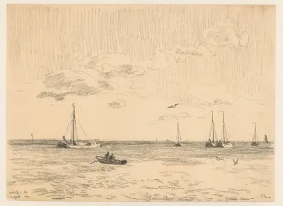 Schepen voor anker met op de voorgrond een roeiboot
