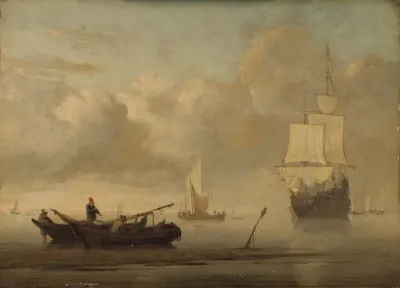 Schepen voor de kust tijdens windstilte