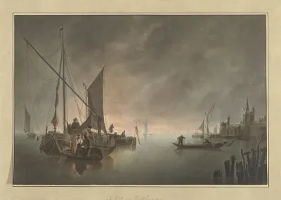 Schepen voor een omwalde stad bij ondergaande zon