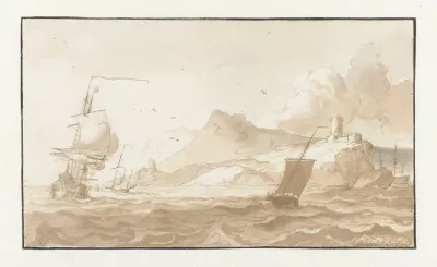 Schepen voor een rotsachtige kust