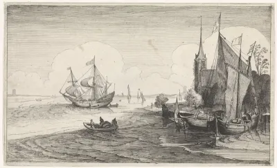 Schepen voor en kust bij een kerk