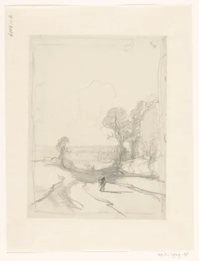 Schets met een figuur op een weg in de bergen, in de verte een vlakte