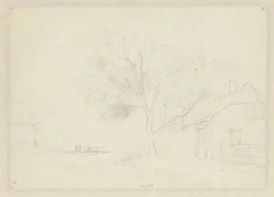 Schets van boerenhuizen aan het water