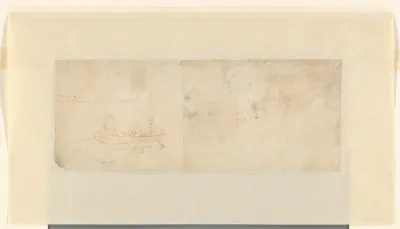 Schets van drie vissers in een roeibootje