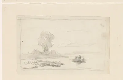 Schets van een boot op het water, op de achtergrond een hoge boom